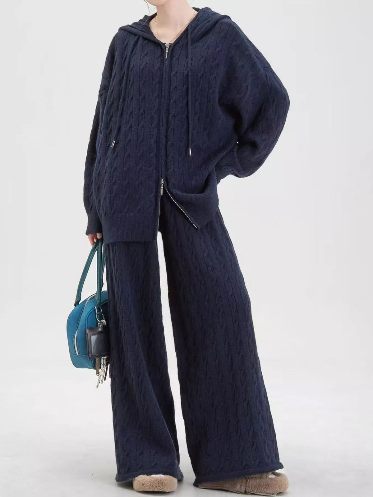 Cable Knit Zip-Up Hooded Cardigan and Wide-Leg Pants Set
