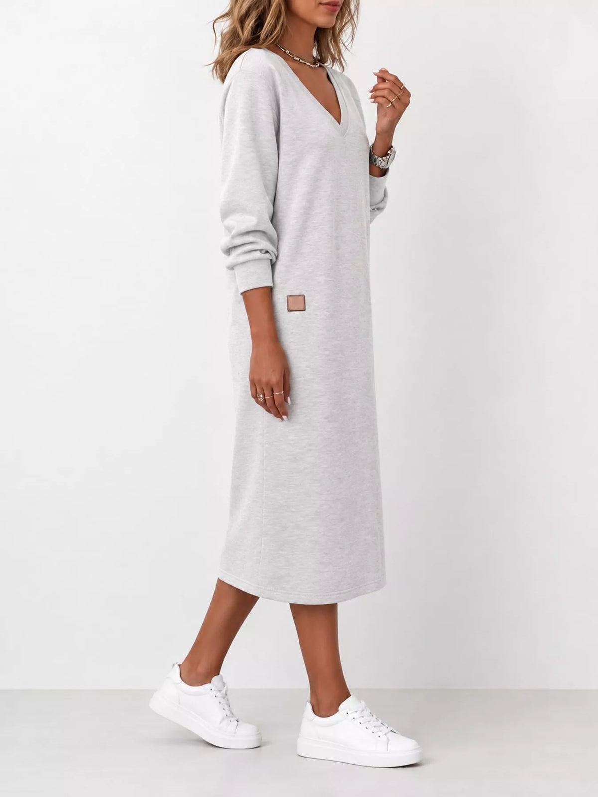 V-Neck Long Sleeve Midi Dress