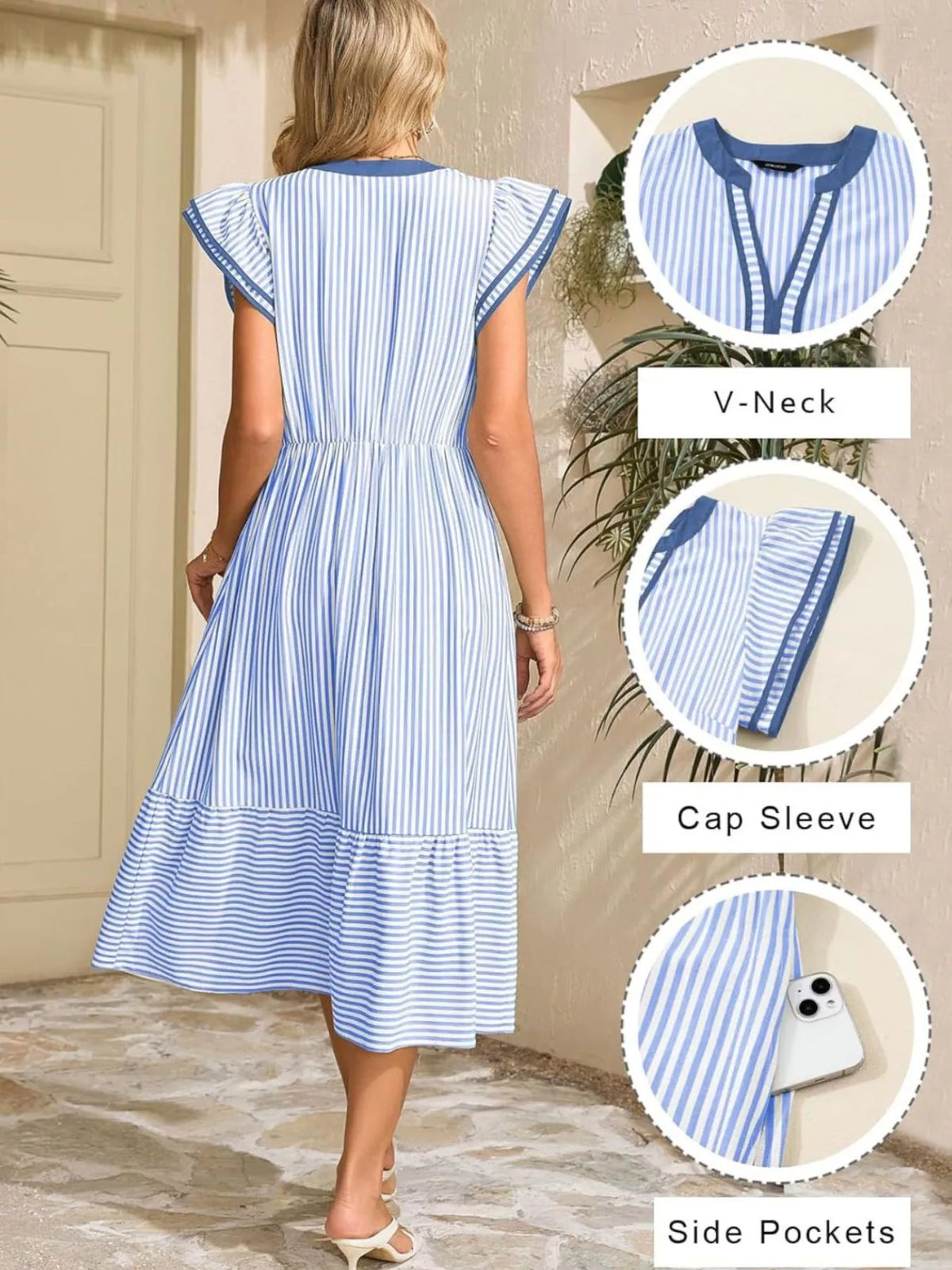Striped Ruffle Sleeve Midi Dress with Pockets