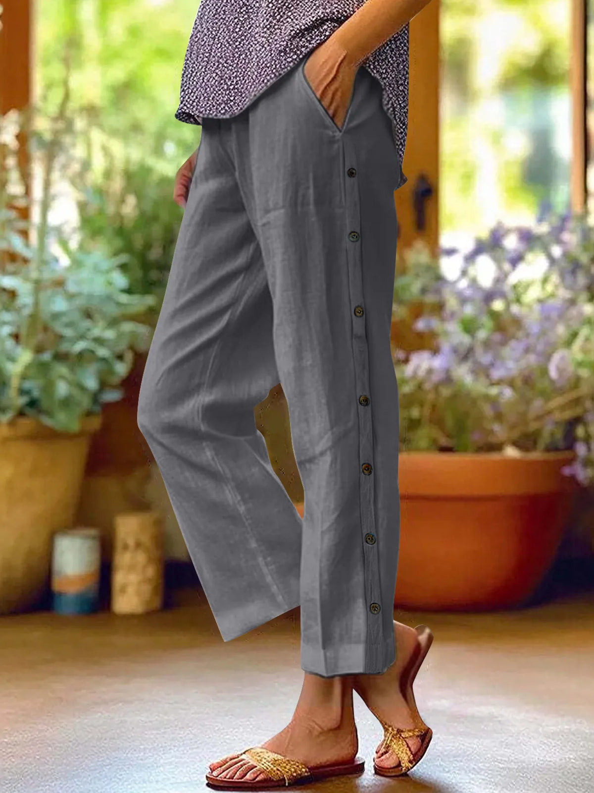 Side Button Wide Leg Pants, Plus Size