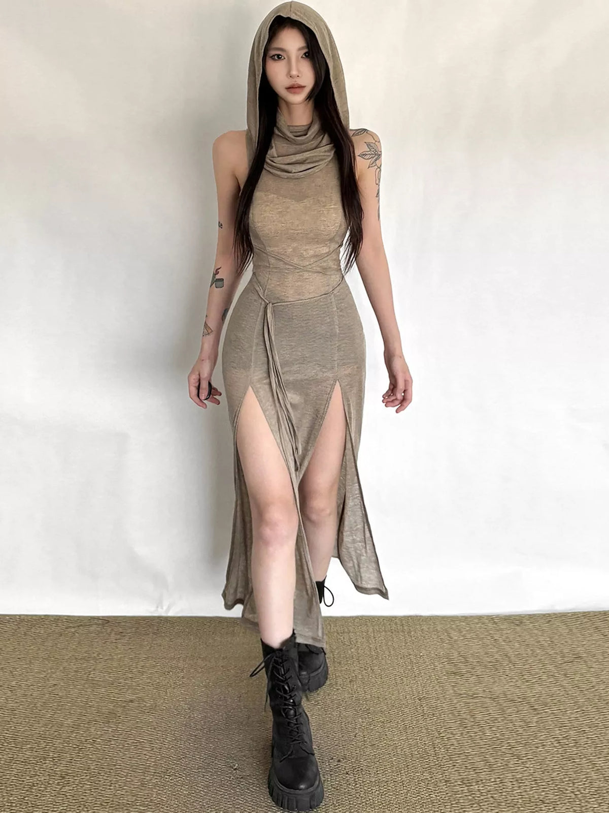 Sleeveless High-Slit Hooded Maxi Dress