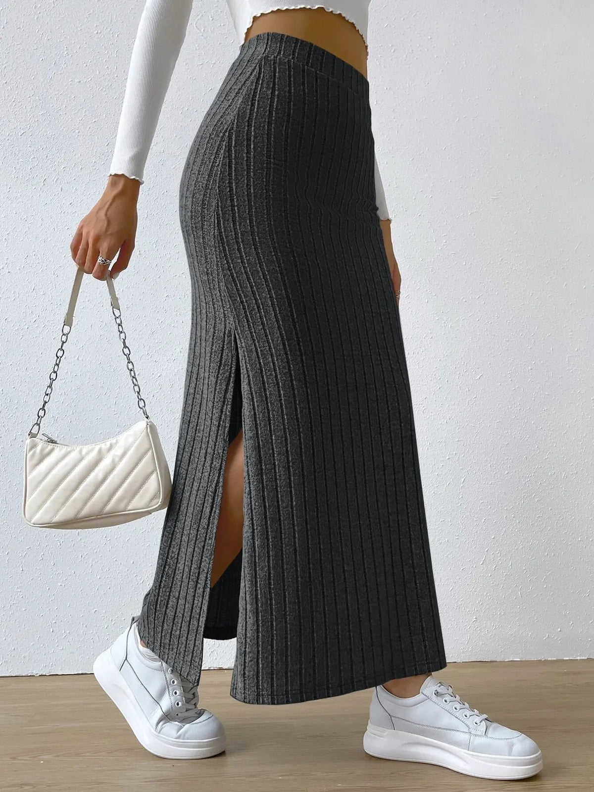 High-Waisted Ribbed Knit Maxi Skirt