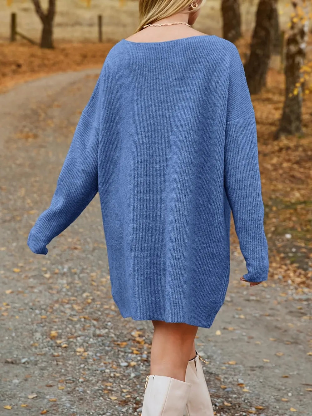 V-Neck Dropped Shoulder Sweater Dress
