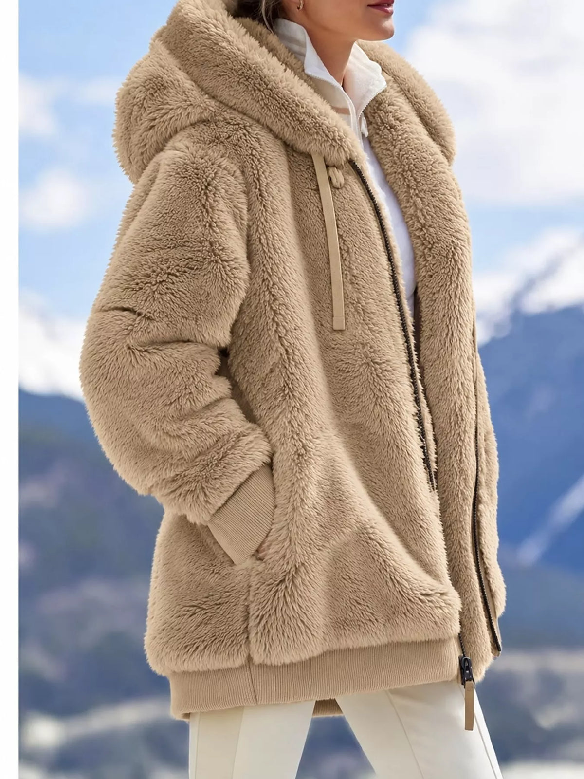 Faux Fur Hooded Zip-Up Jacket in White