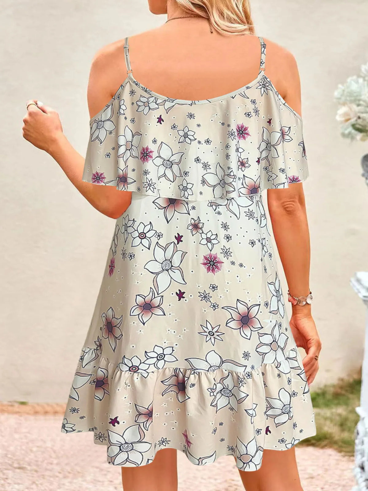 Ruffled Floral Cold-Shoulder Mini Dress