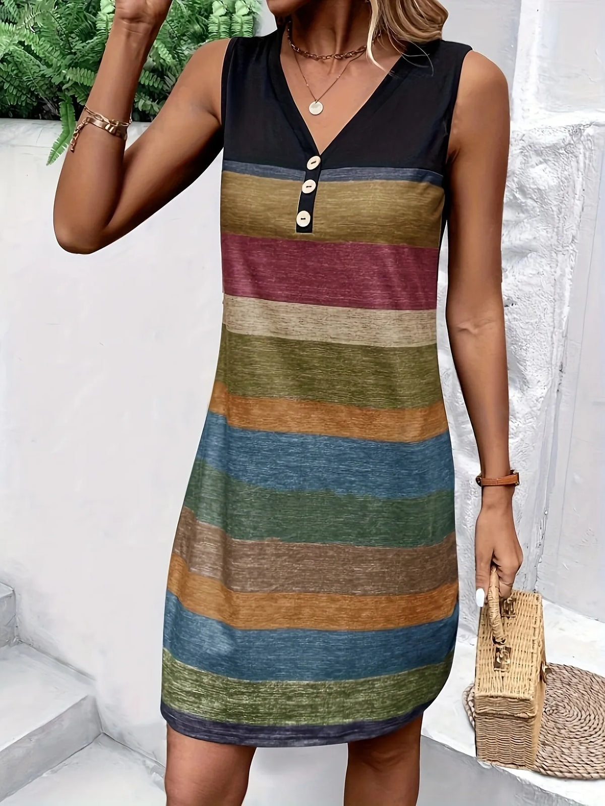 Color-Block Sleeveless V-Neck Tank Dress in Stripe
