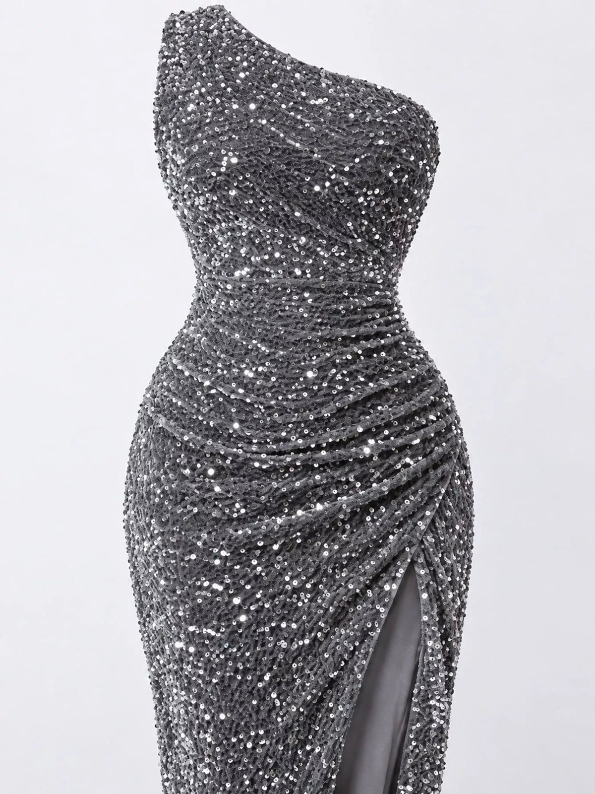 One-Shoulder Sequin High-Slit Evening Dress