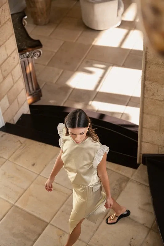 Annie Wear Metallic Knit Ruffle Sleeve Top in Ice Gold