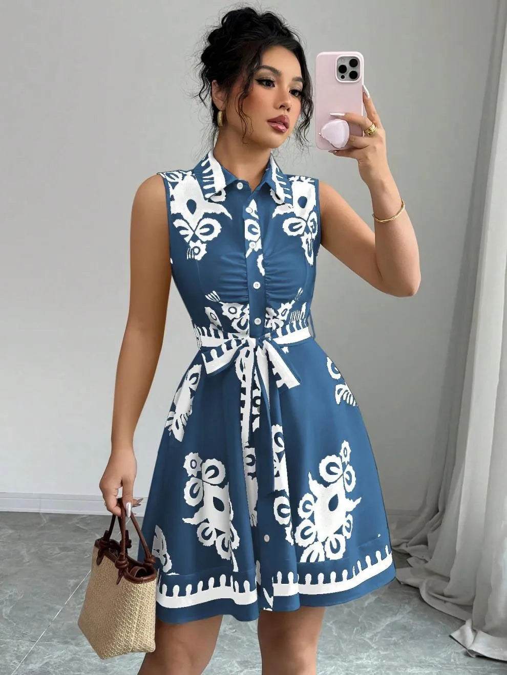 Printed Button-Front Sleeveless Dress