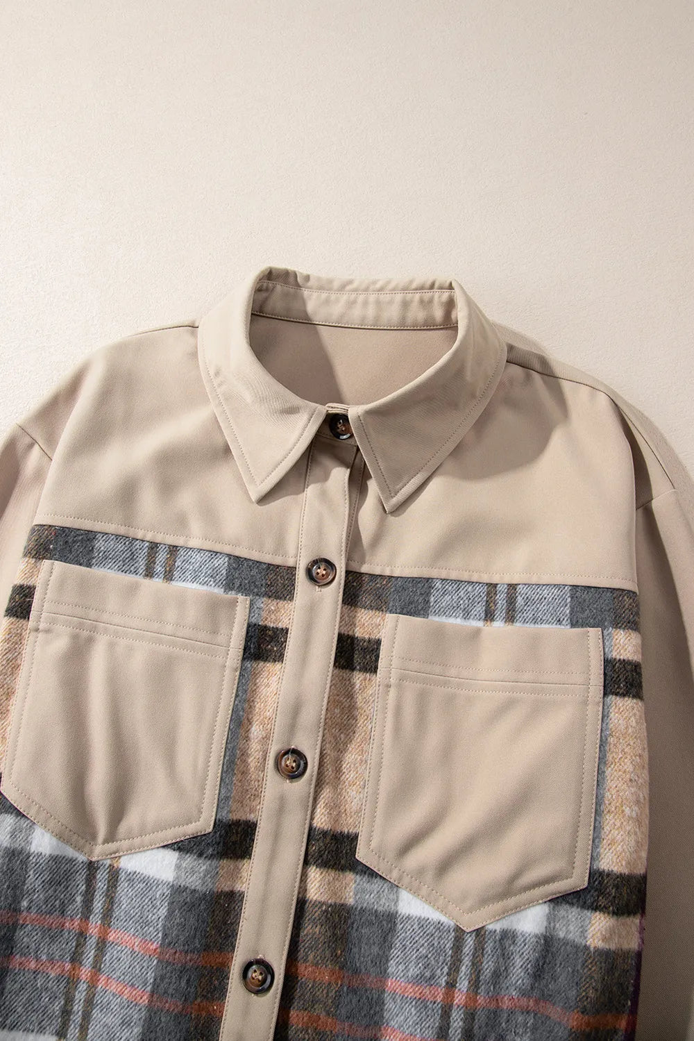 Pocketed Plaid Long-Sleeve Mini Shirt Dress in Khaki