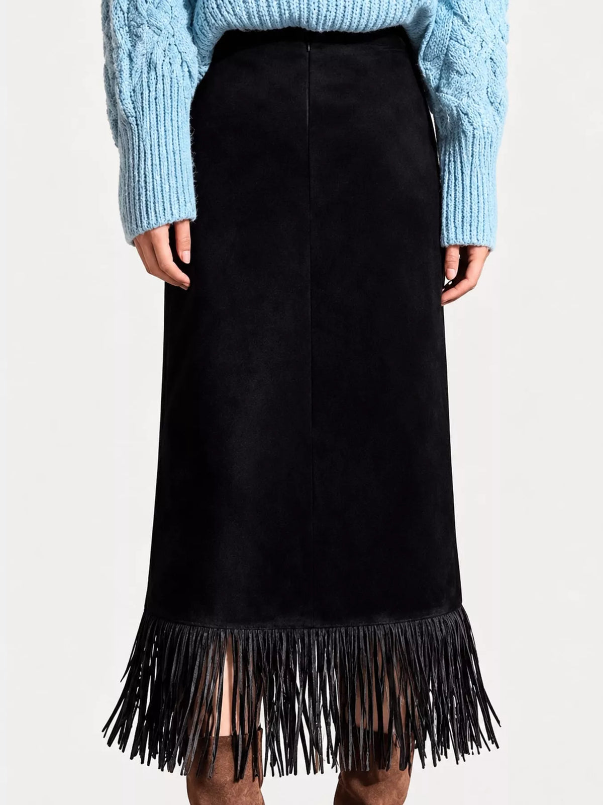 High-Waisted Fringe Midi Skirt