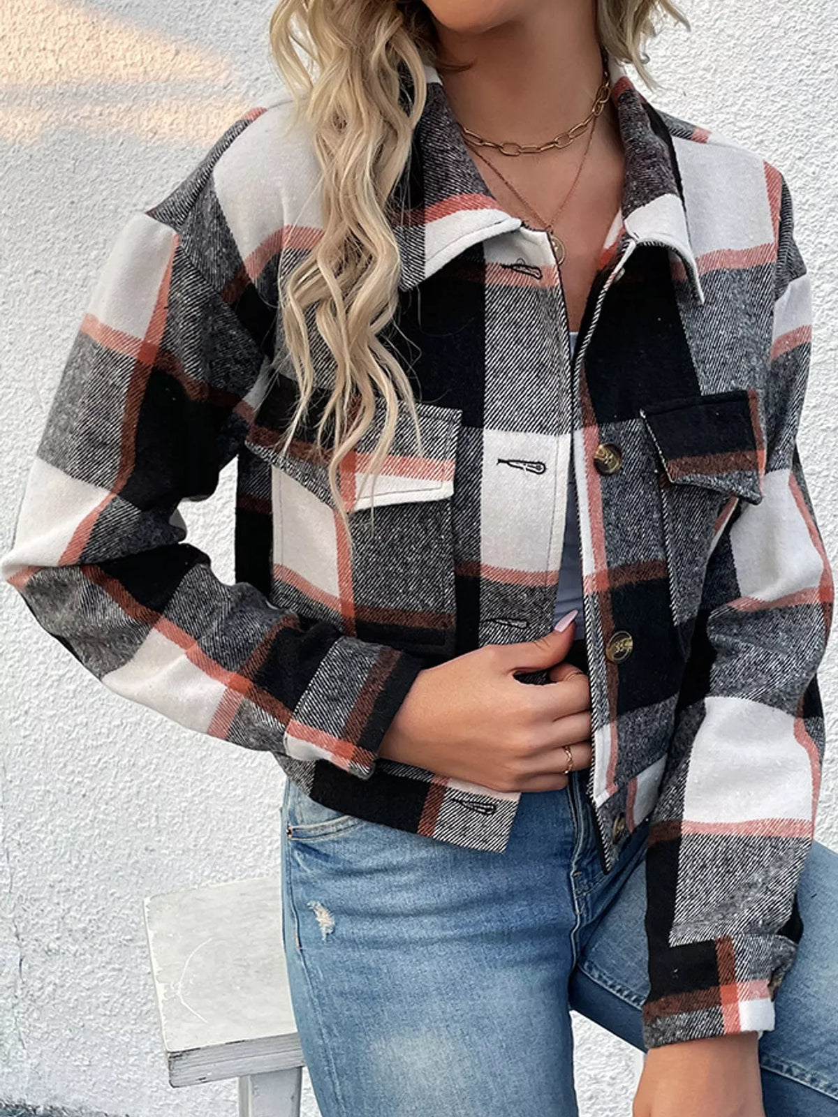 Plaid Button-Up Cropped Jacket