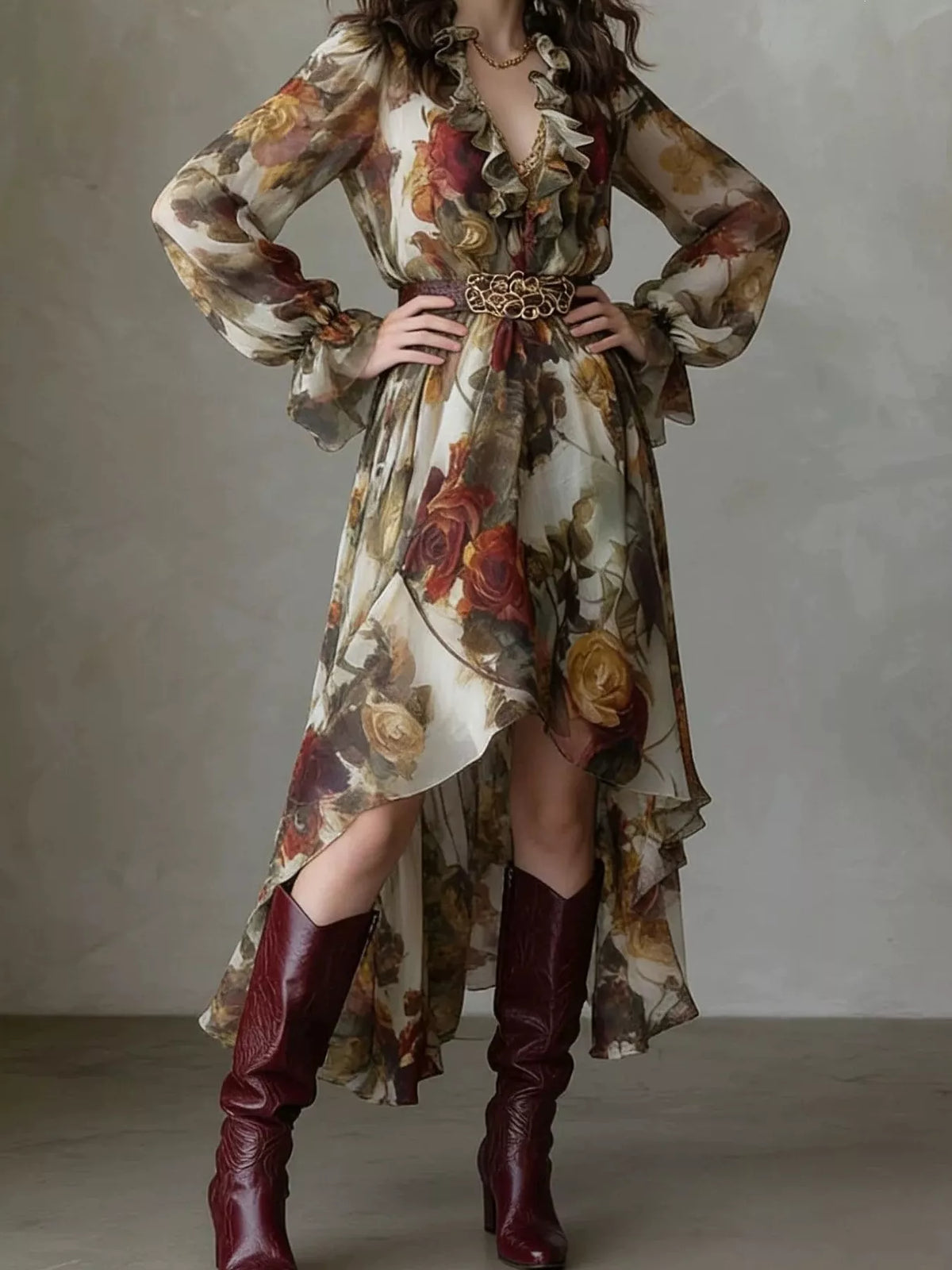 Belted Ruffle-Trim High-Low Maxi Dress in Floral