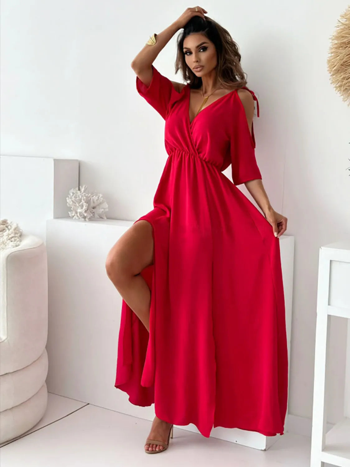 Tied-Shoulder Slit Maxi Dress