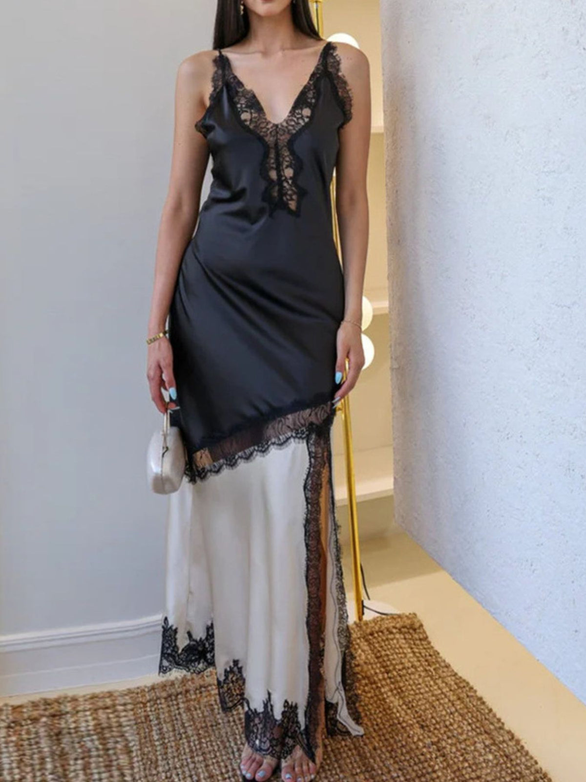 Lace-Trimmed Two-Tone Slip Dress in Black