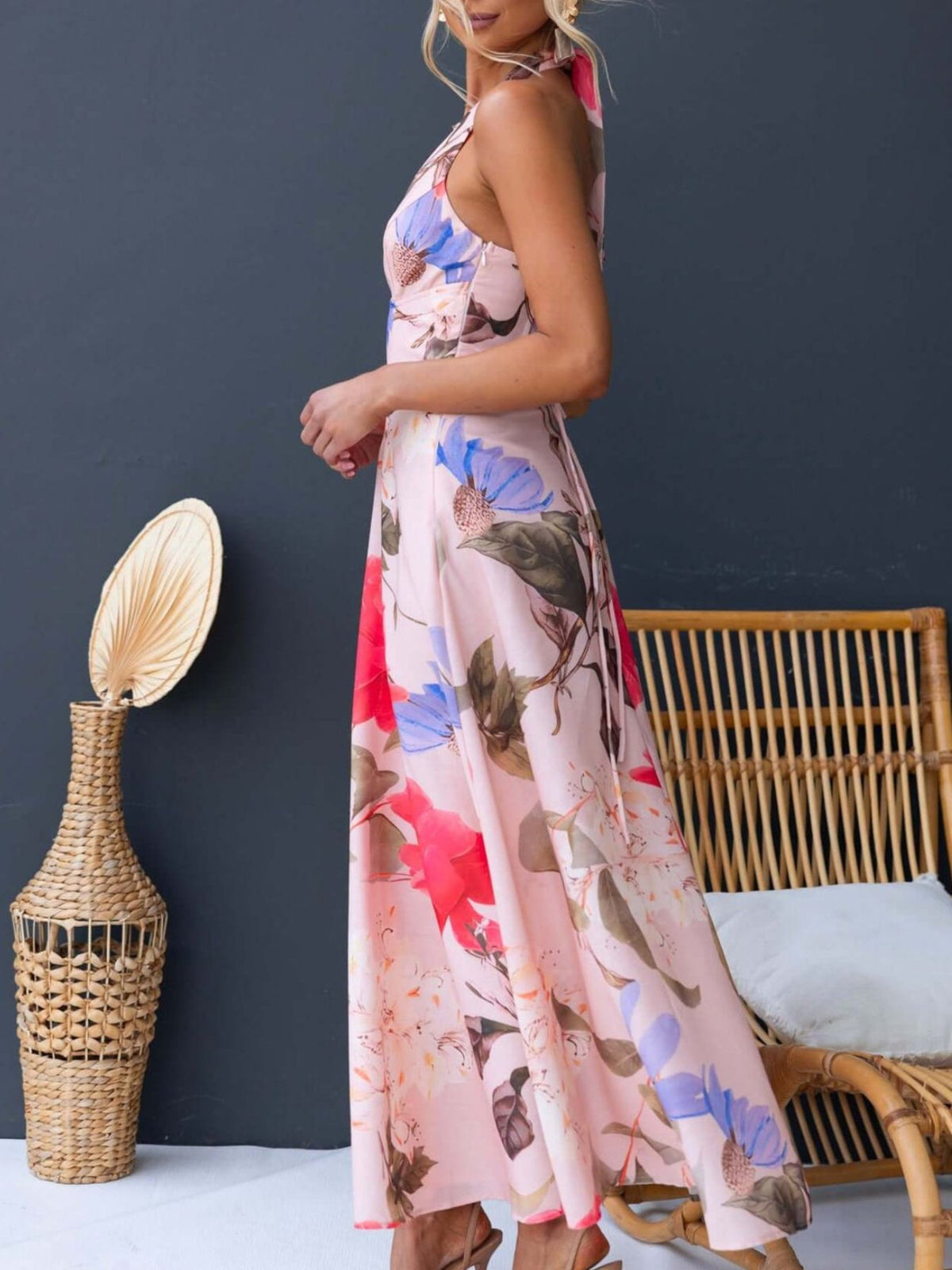 Floral Print Lace-Up Halter Maxi Dress