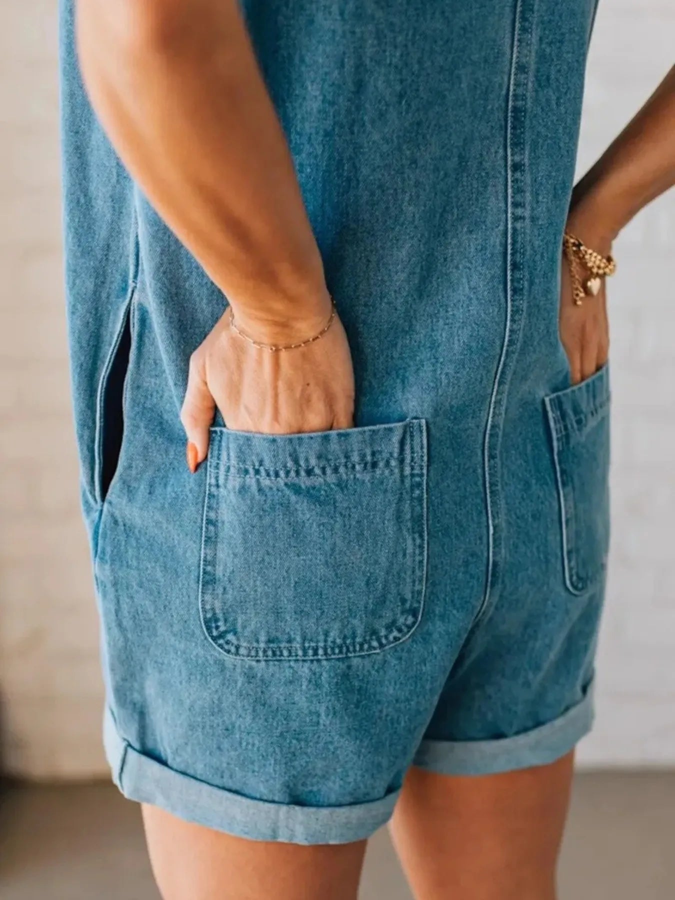 Buttoned Zip-Front Denim Romper in Blue