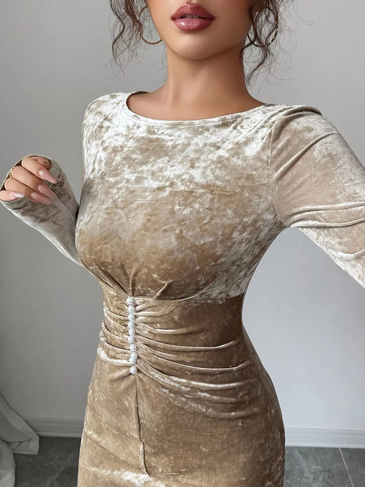 Velvet Ruched Bodycon Maxi Dress in Khaki