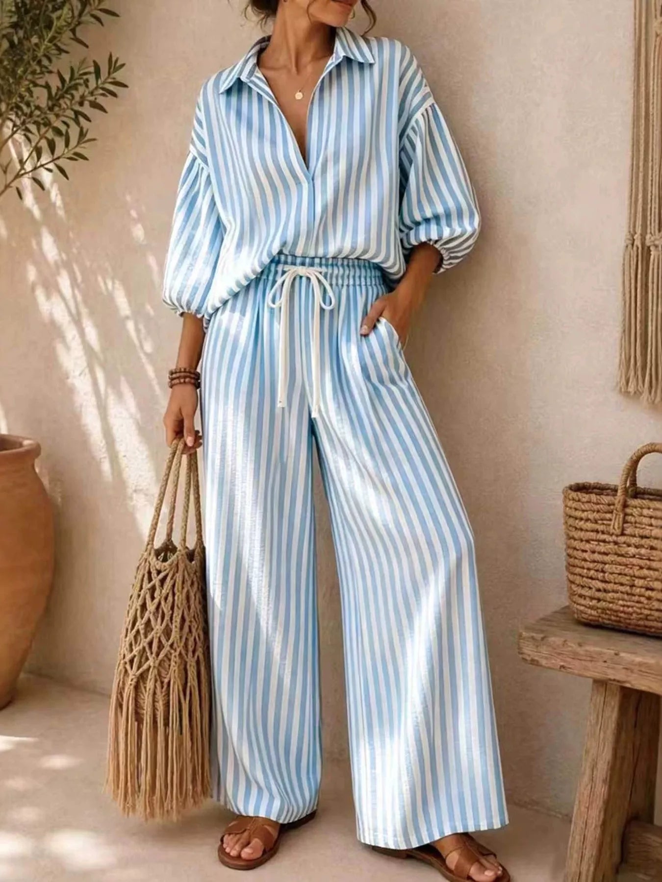 Striped Puff-Sleeve Top and Wide-Leg Pants Set