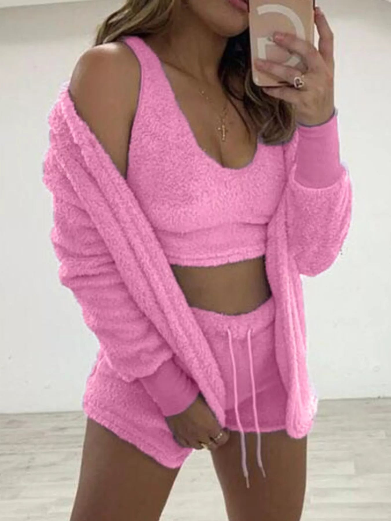 Fuzzy Tank, Cardigan & Shorts Three-Piece Set