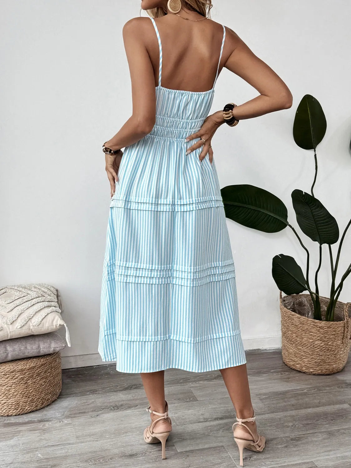 Striped Spaghetti Strap Midi Dress in Pastel Blue in Pastel  Blue