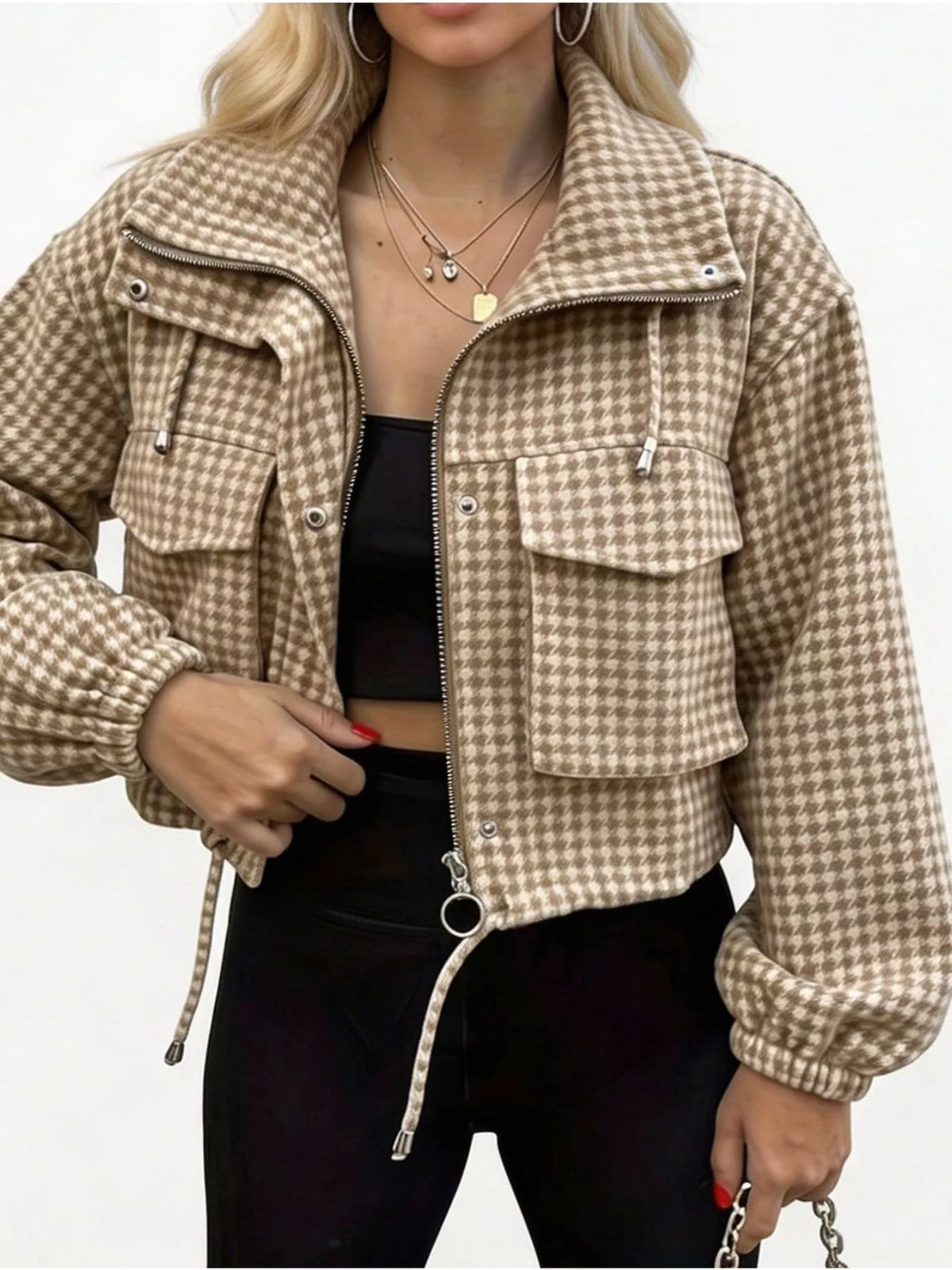 Plaid Cropped Zip-Up Jacket