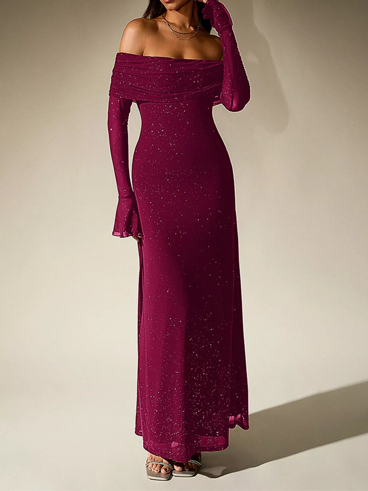 Glitter Off-Shoulder Maxi Dress