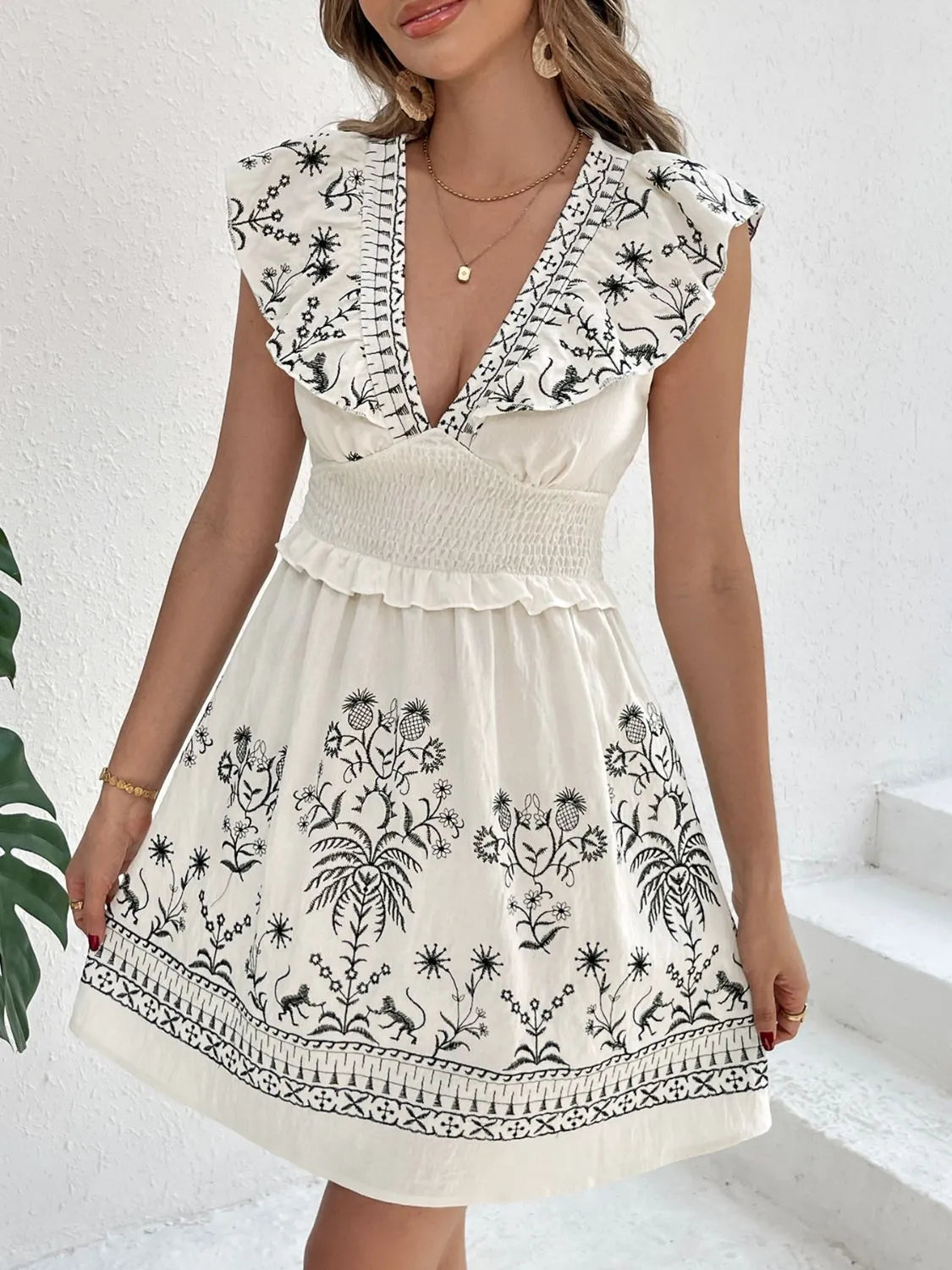 Smocked Ruffle Mini Dress in Cream