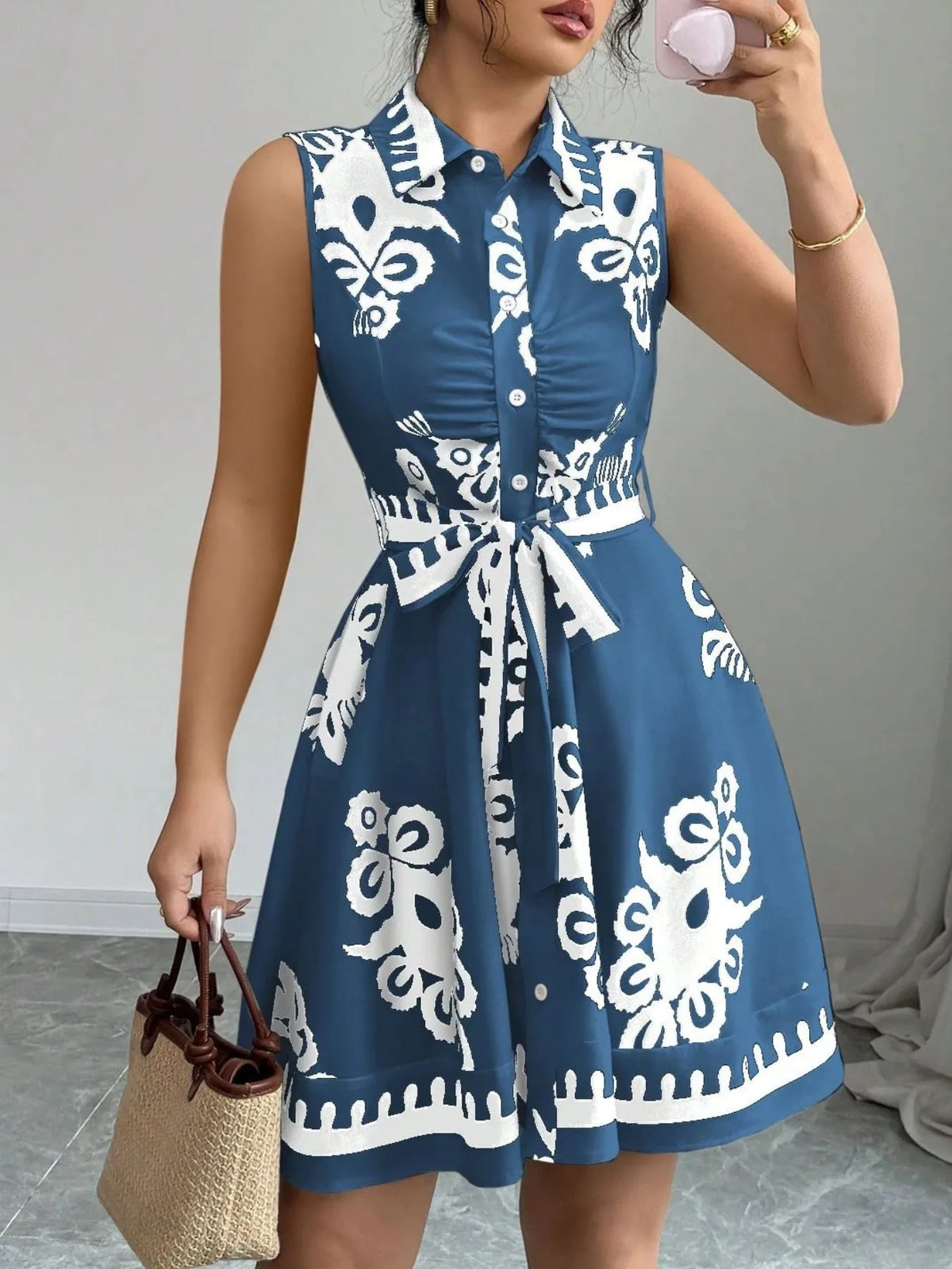 Printed Sleeveless Tie-Waist Mini Dress