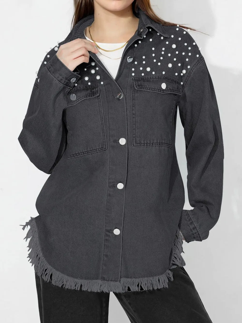 Pearl Trim Collared Denim Top