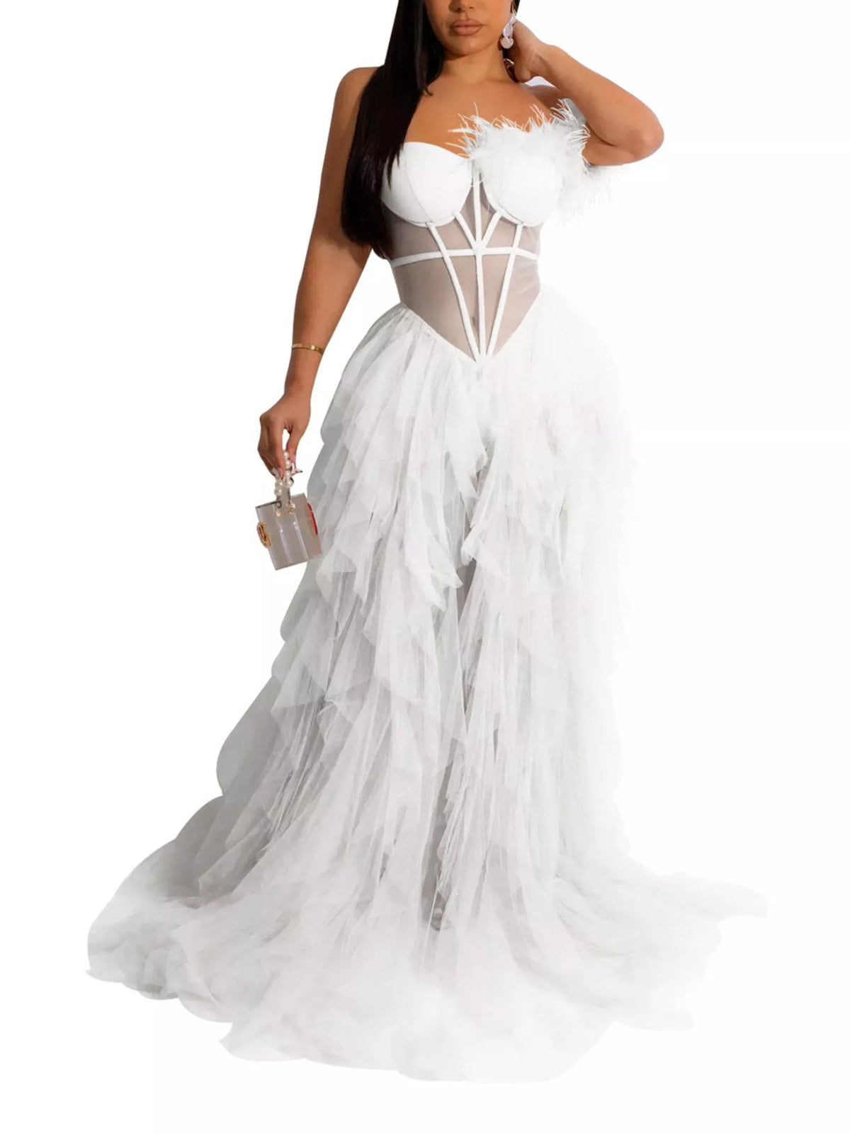 Feathered Corset Tulle Evening Dress