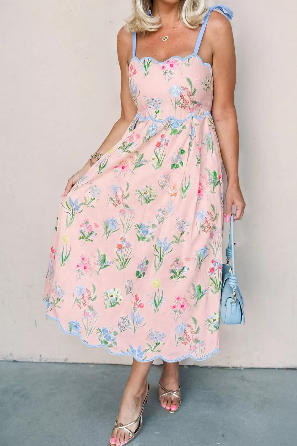 Floral Contrast-Trim Midi Dress in Dusty Pink