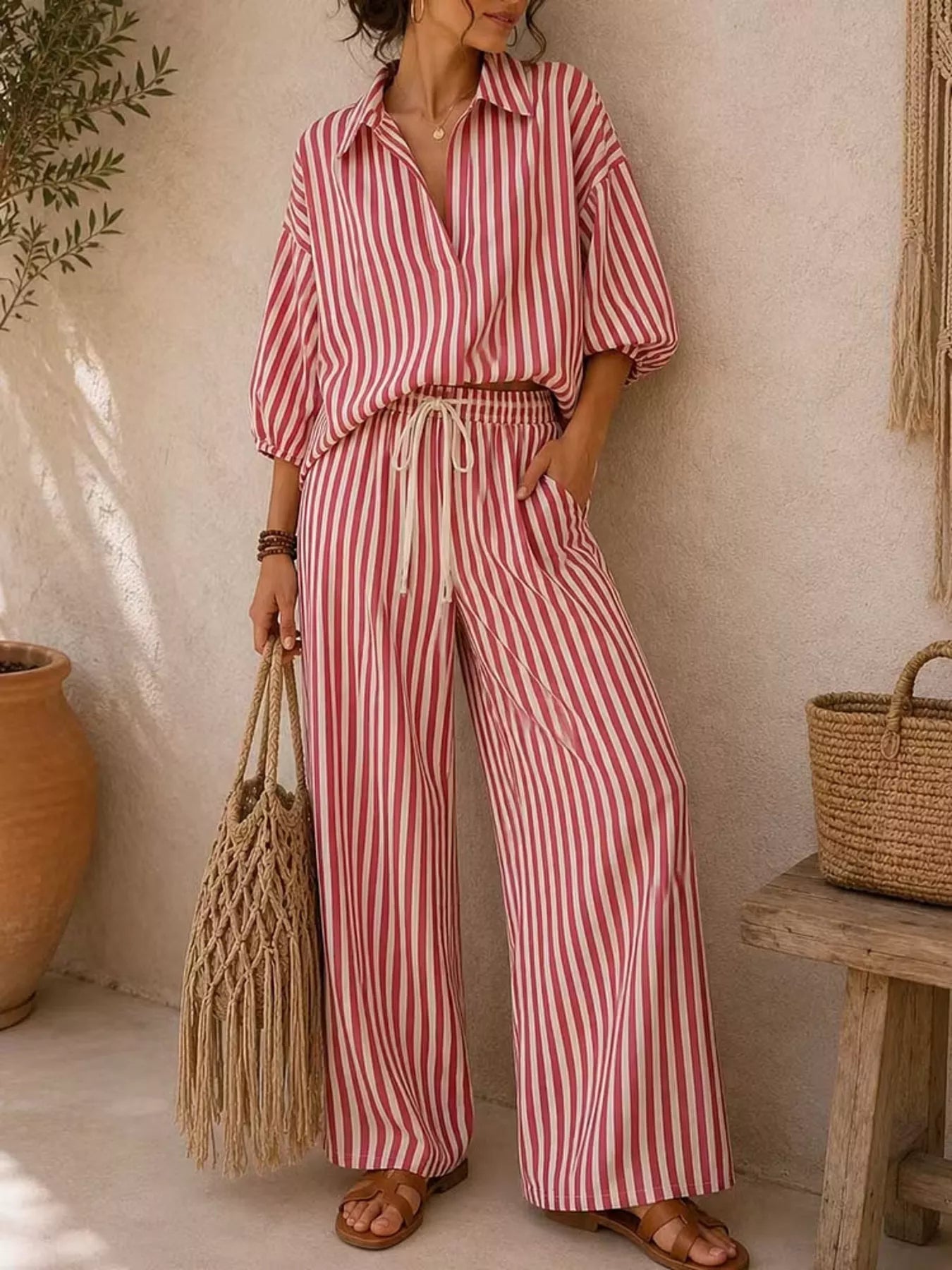 Striped Puff-Sleeve Top and Wide-Leg Pants Set