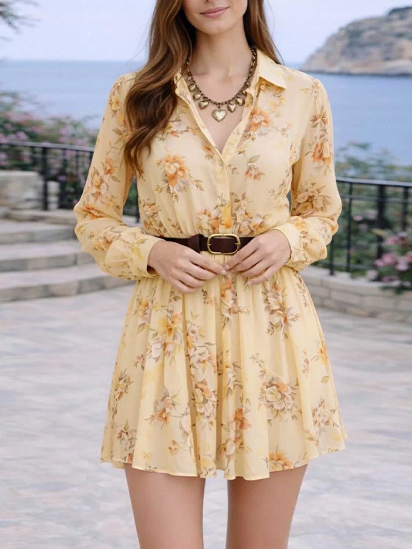Floral Print Long Sleeve Shirt Dress