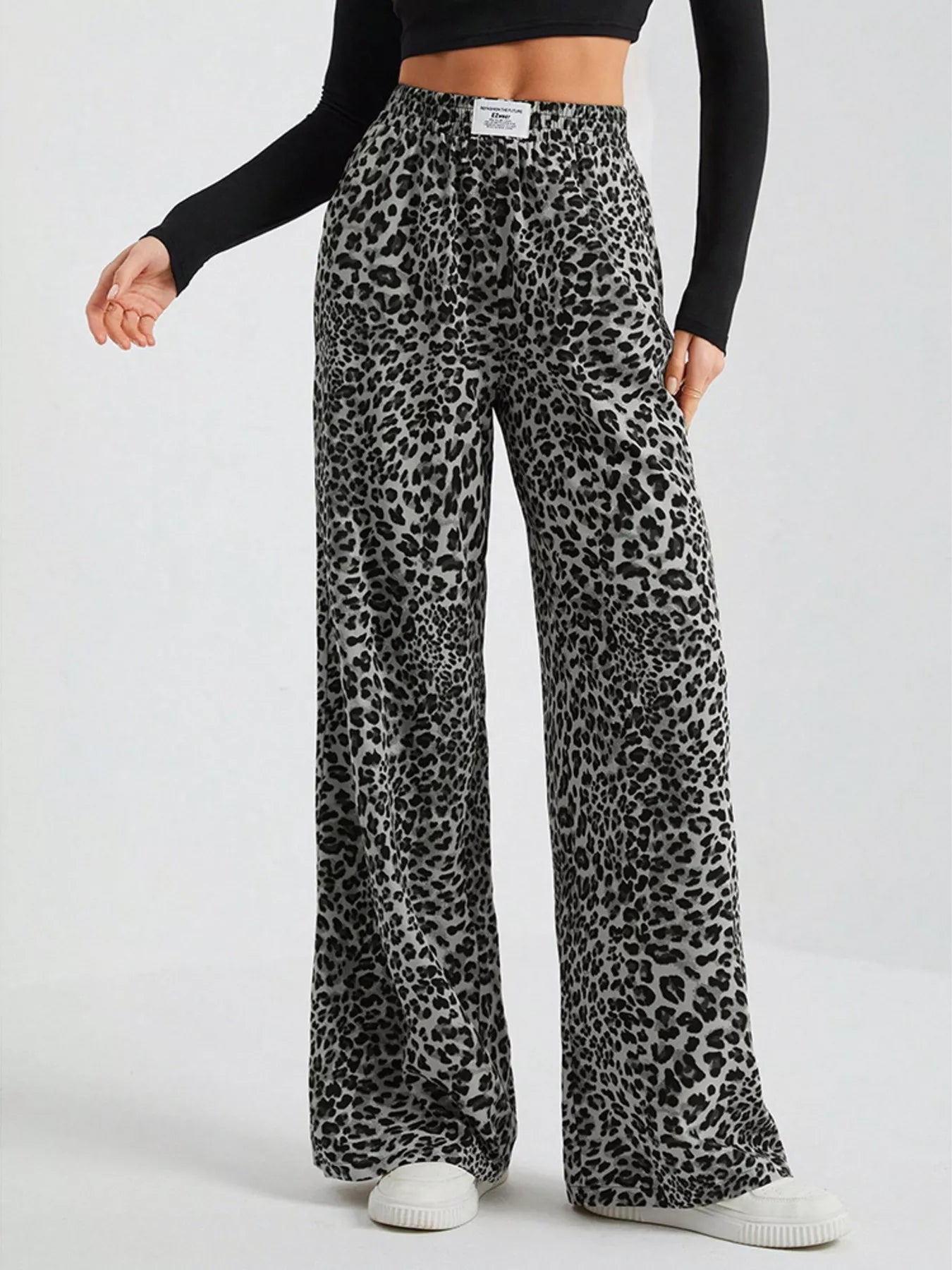 Leopard Print Wide Leg Pants, Plus Size