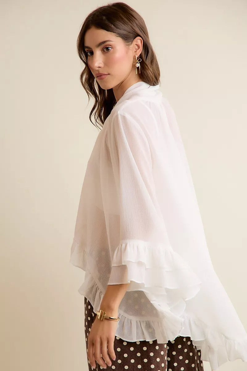 So Me Sheer Ruffle Bell-Sleeve Blouse in White