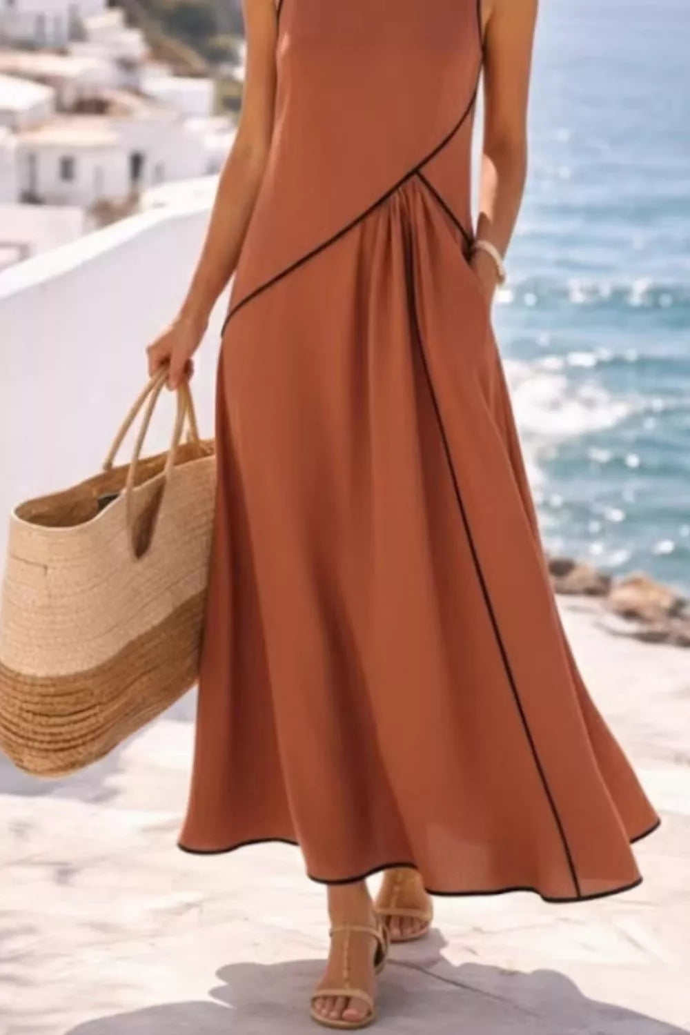 Sleeveless Maxi Dress with Contrast Trim and Pockets