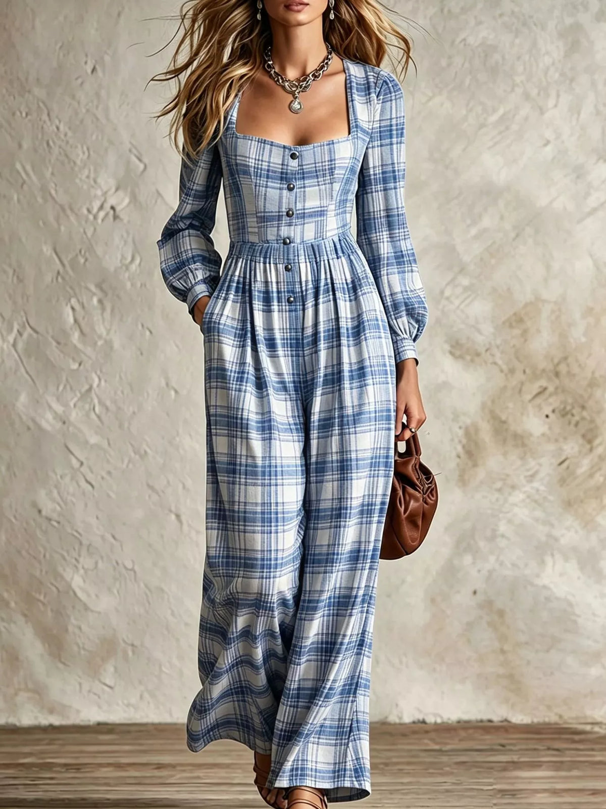 Plaid Square-Neck Wide-Leg Jumpsuit