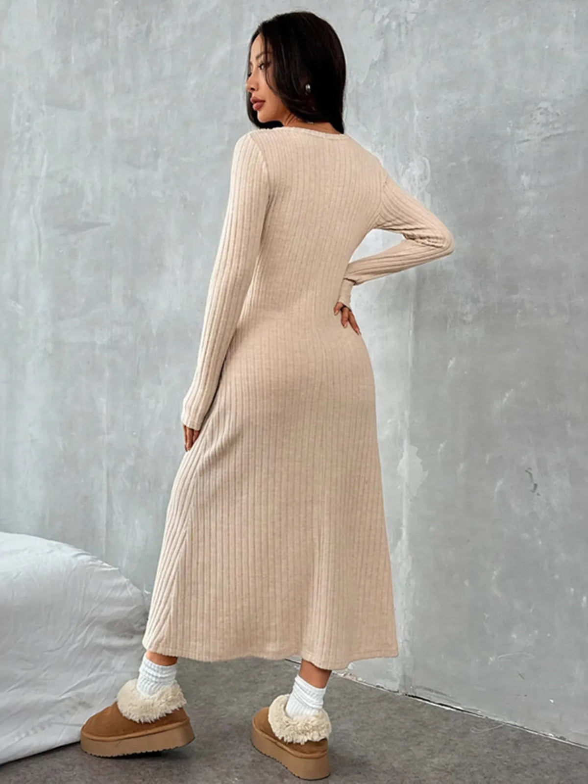 Ribbed Long Sleeve Knit Dress in Off-White by Sara Roman