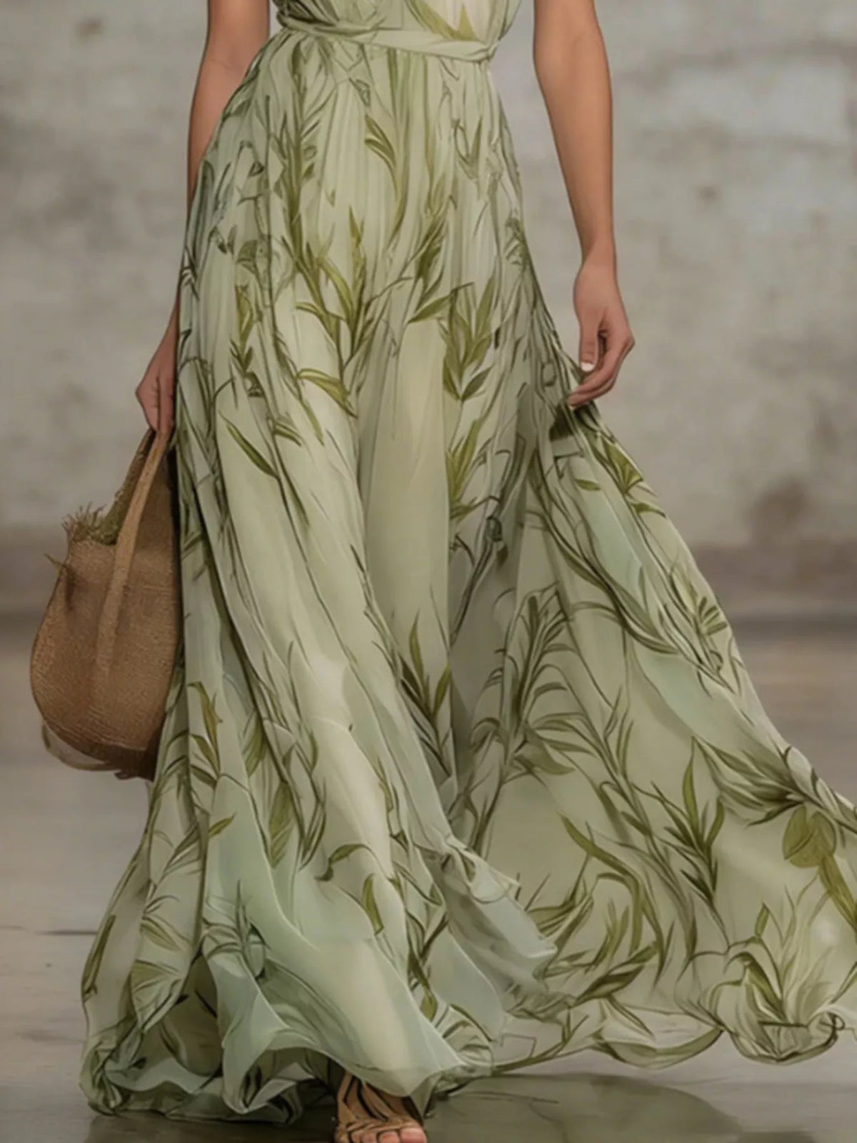 Leaf Print Sleeveless Chiffon Maxi Dress in Matcha in Matcha Color