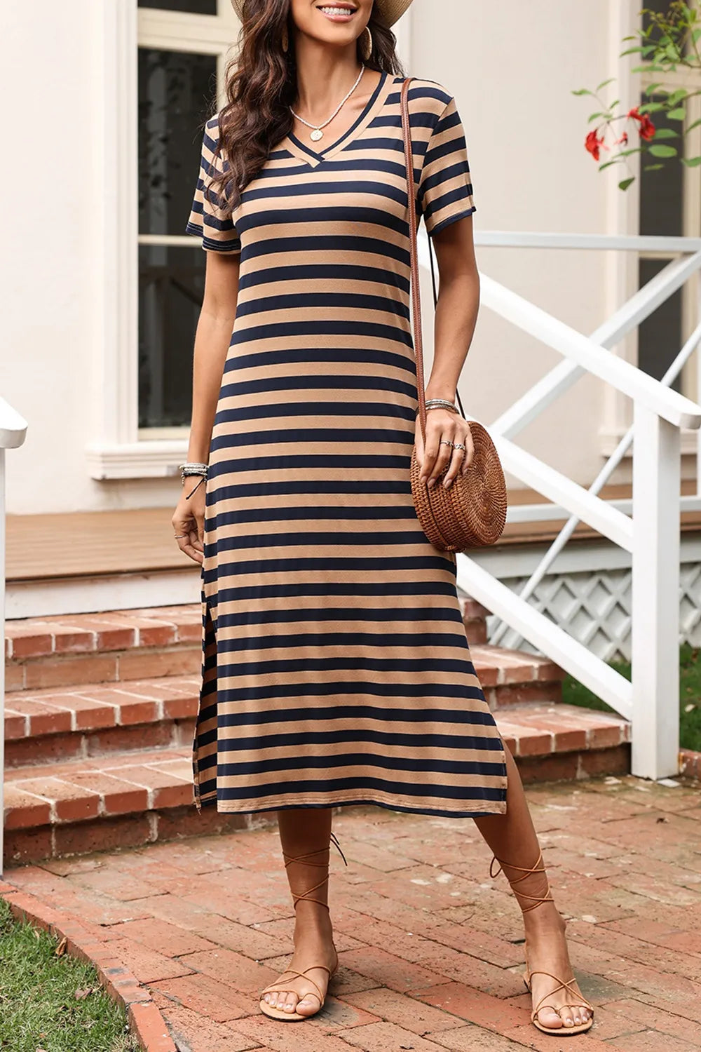 Striped V-Neck Midi T-Shirt Dress