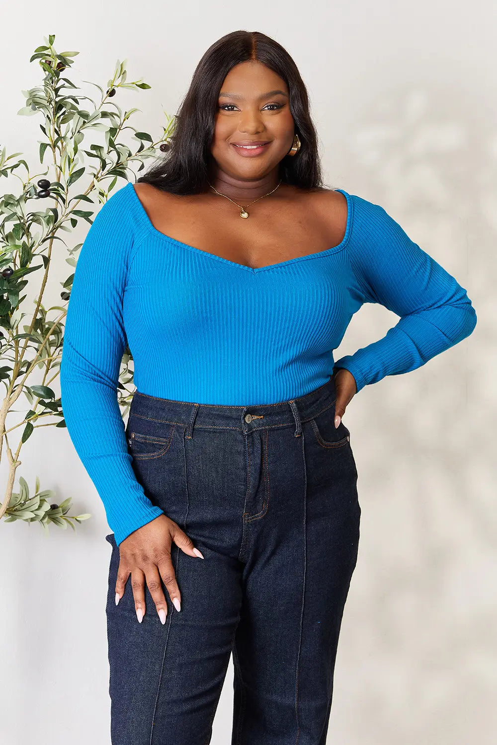 Culture Code Sweetheart Neck Knit Top in Blue Teal
