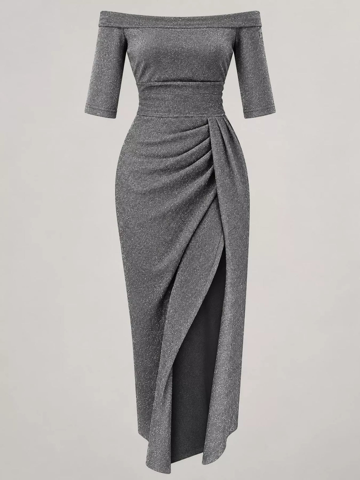Off-Shoulder Ruched Slit Midi Dress
