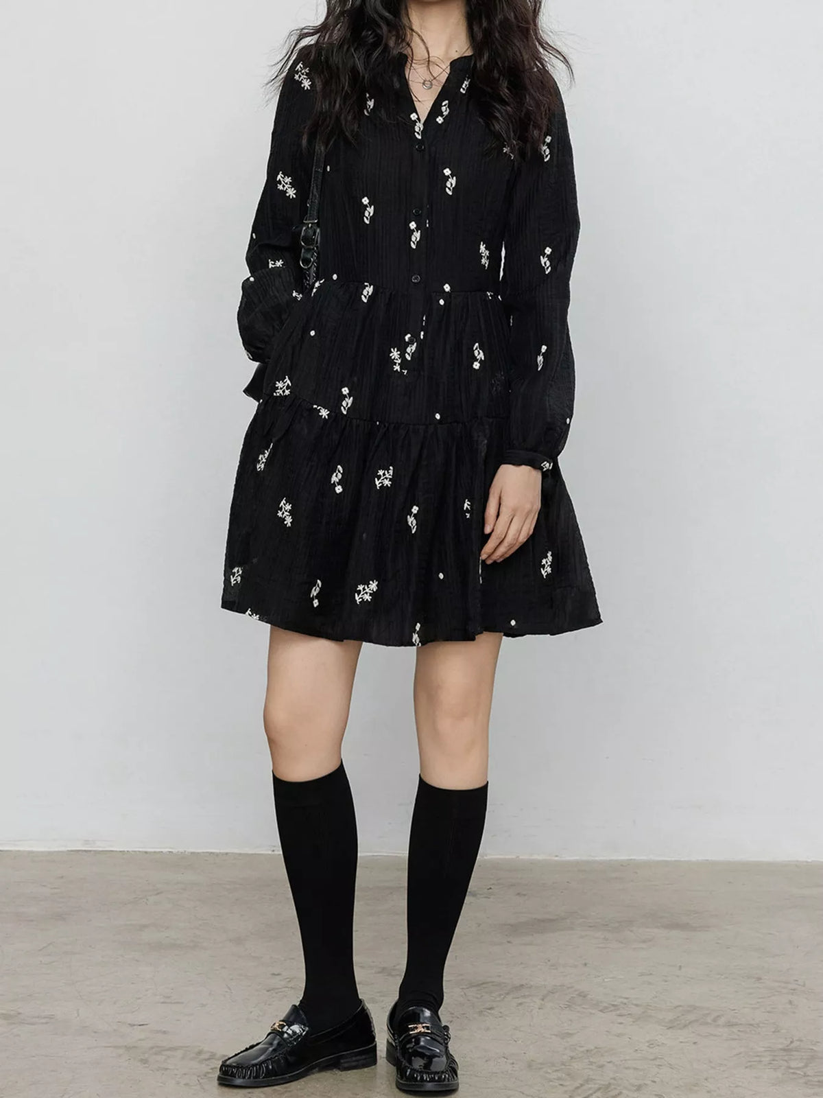 Floral Tiered Mini Dress in Black