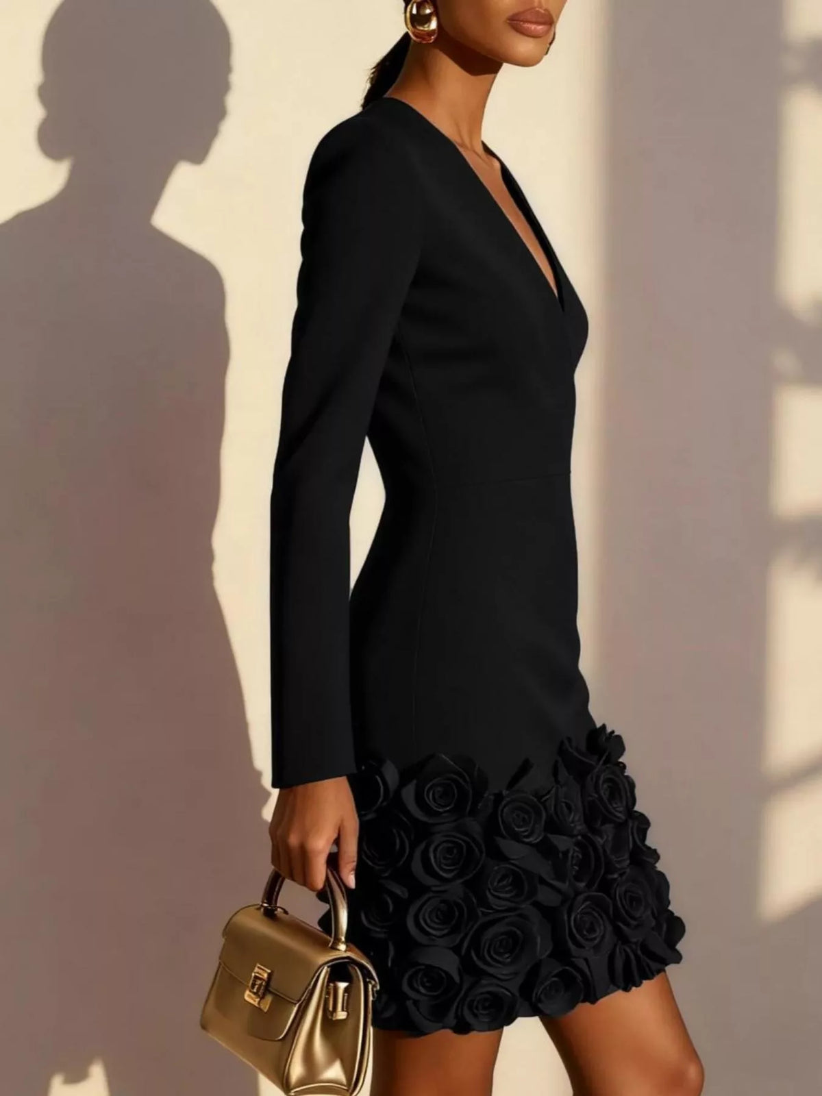V-Neck Mini Dress with 3D Rose Appliqué Hem