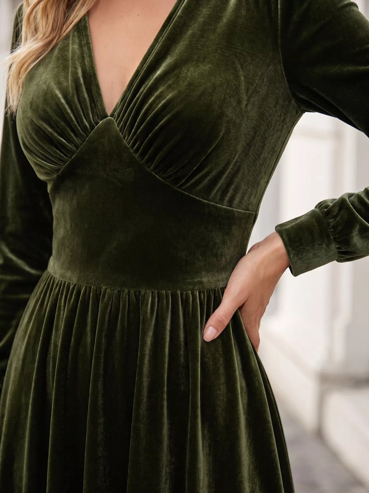 V-Neck Long Sleeve Velvet Maxi Dress in Army Green