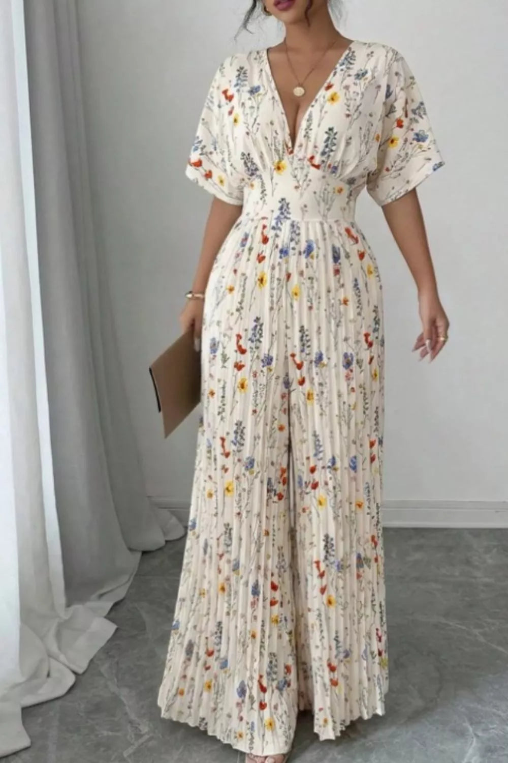 Floral Print Wide Leg Pleated Jumpsuit in Beige