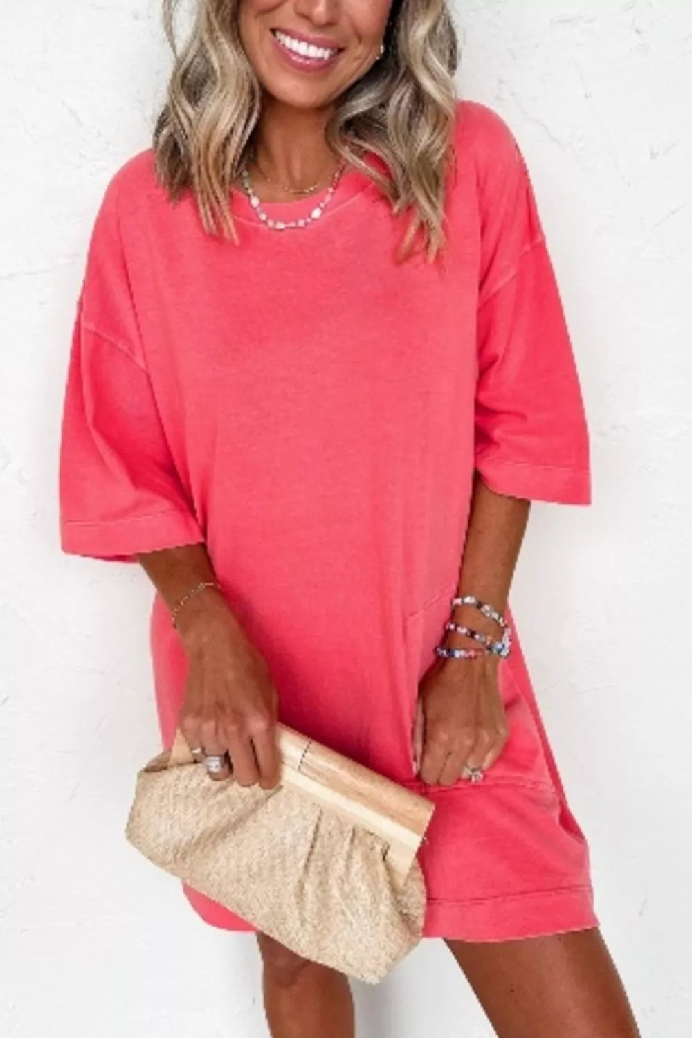 Coral Paradise Drop-Shoulder T-Shirt Dress in Strawberry