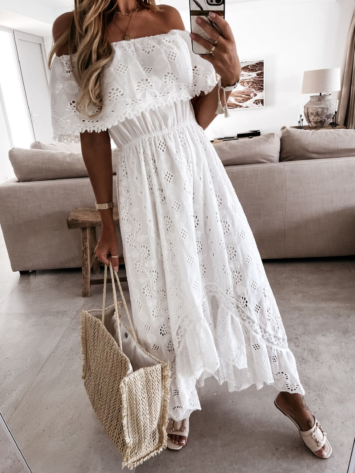 Off-Shoulder Eyelet Lace High-Low Maxi Dress in White