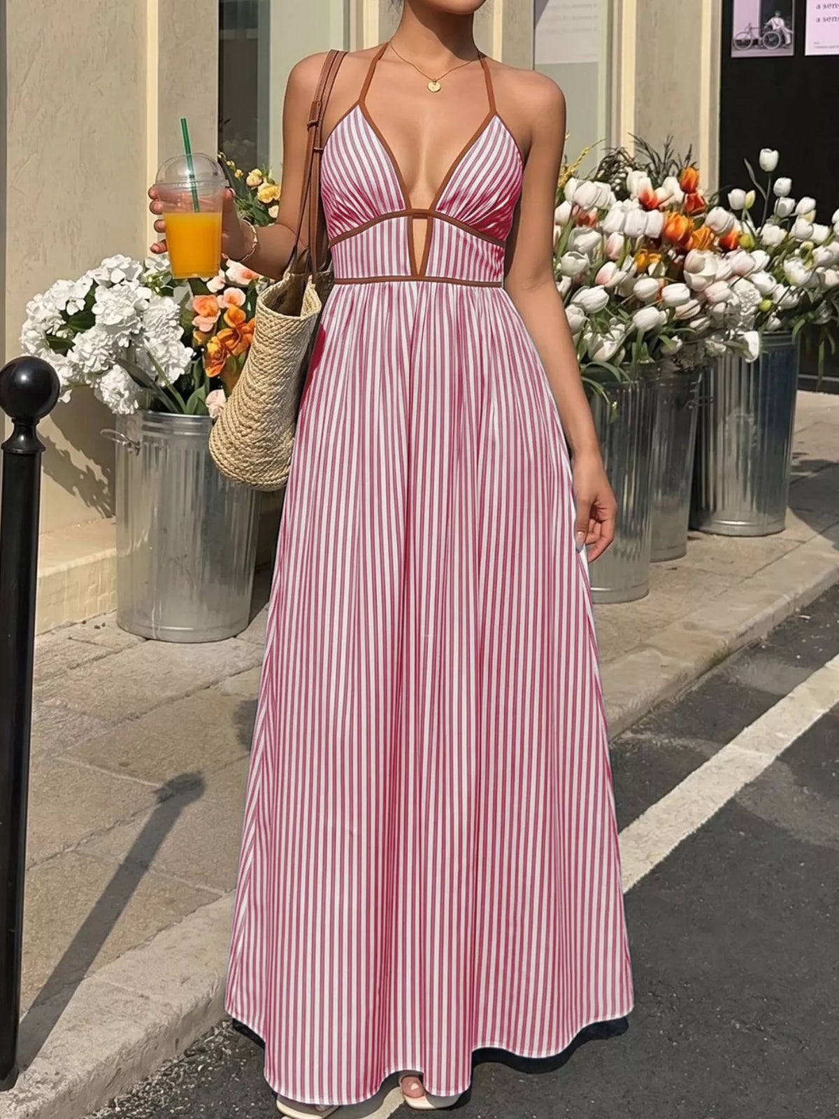 Striped Halter Neck Maxi Dress in Cotton Blend